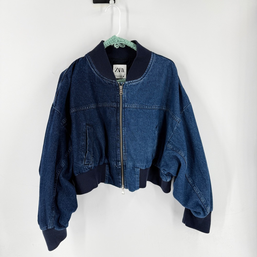 Zara Denim Bomber Jacket Blue Small Cropped Two-Tone Streetwear Edgy Western